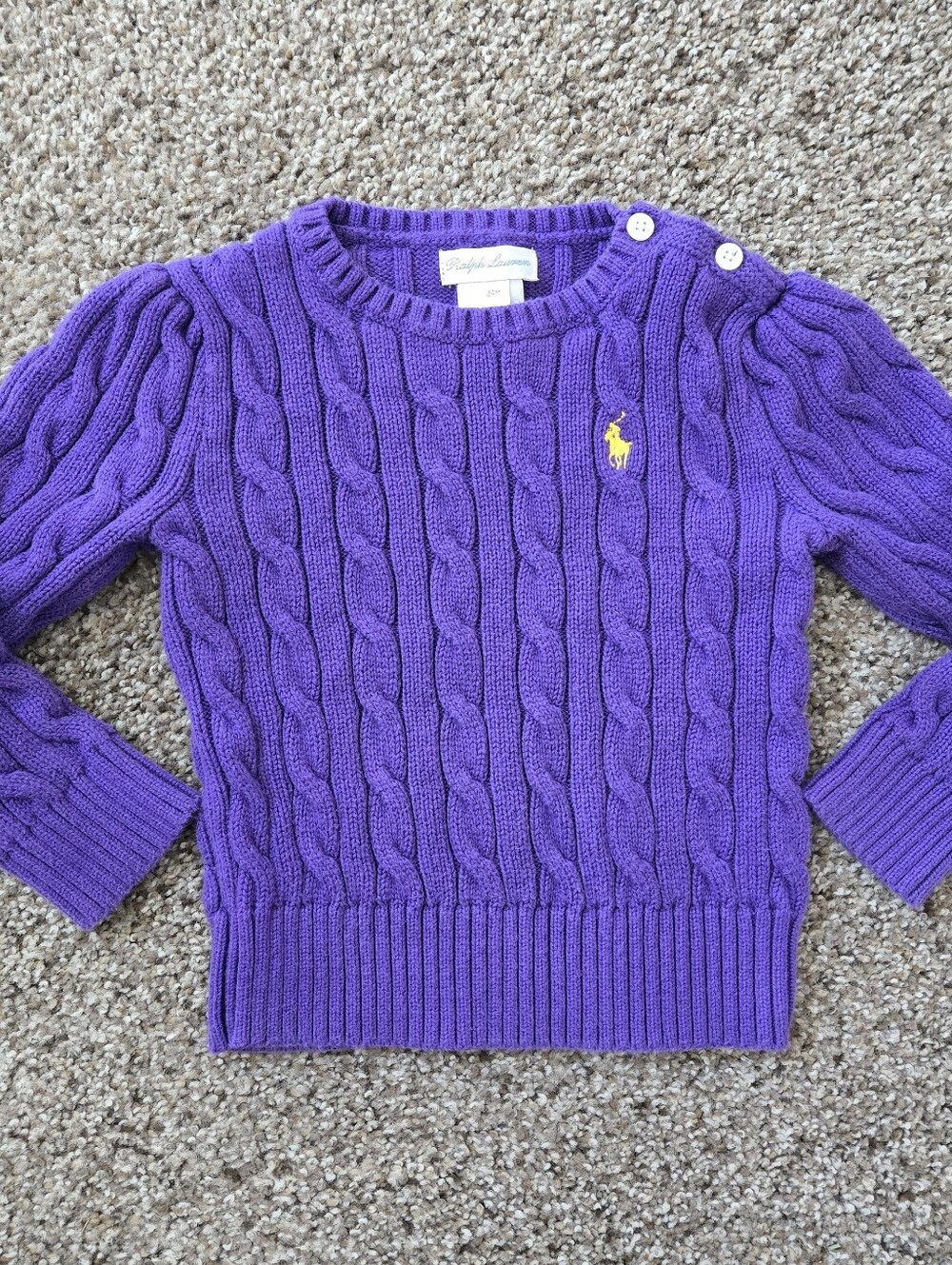 Vintage Ralph Lauren Toddler Cable Knit Sweater 24M Purple Pony Logo Preppy
